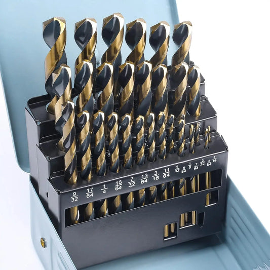 29Pcs Drill Bit Set, 135 Degree Tip HSS with Black Gold Finish for Stainless Steel, Plastic, Wood in Metal Case 1/16"-1/2"