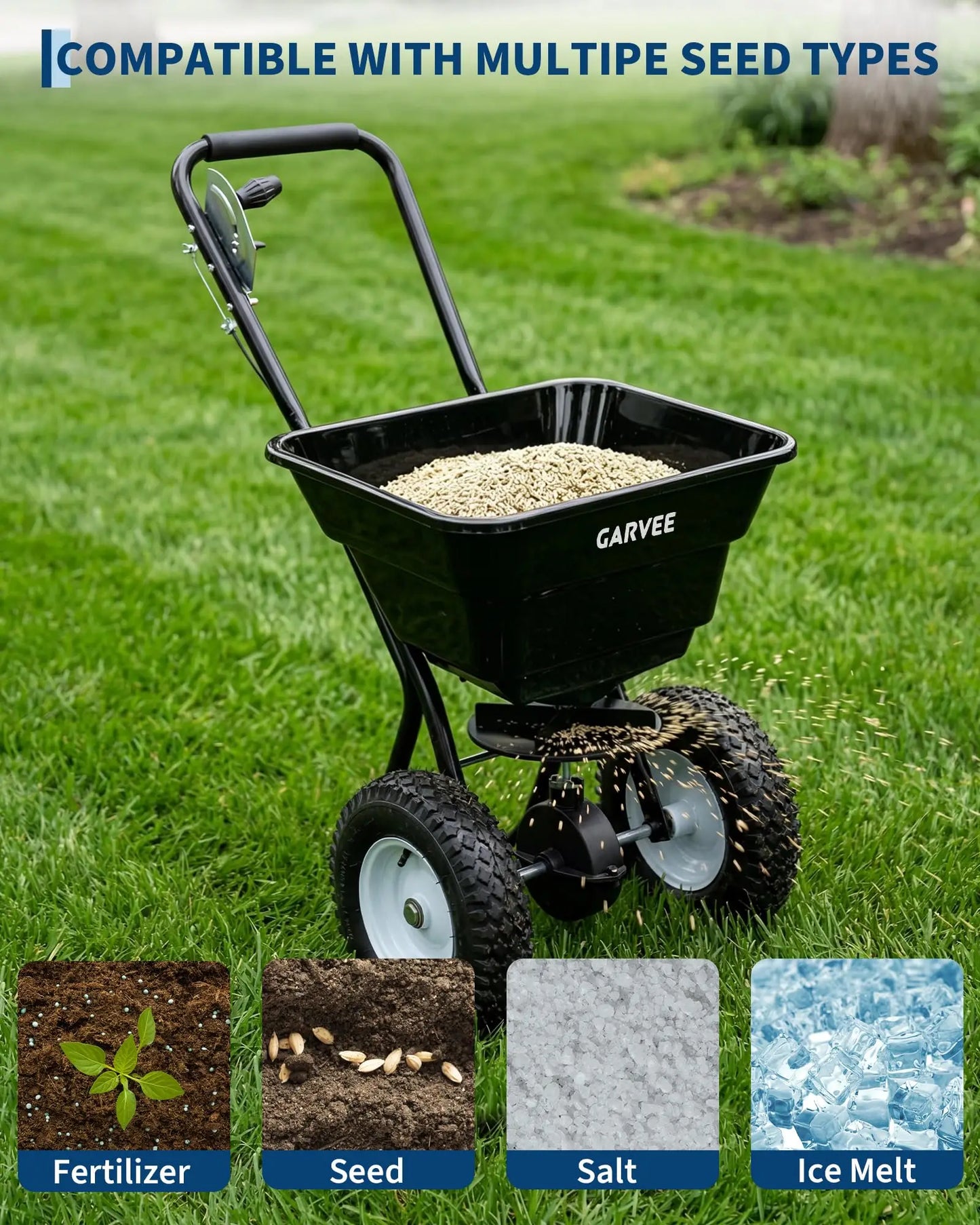 Heavy Duty 80LB Lawn Spreader, Walk Behind Broadcast Spreader With 12FT Coverage, 13in Wheels For Seed Fertilizer Salt