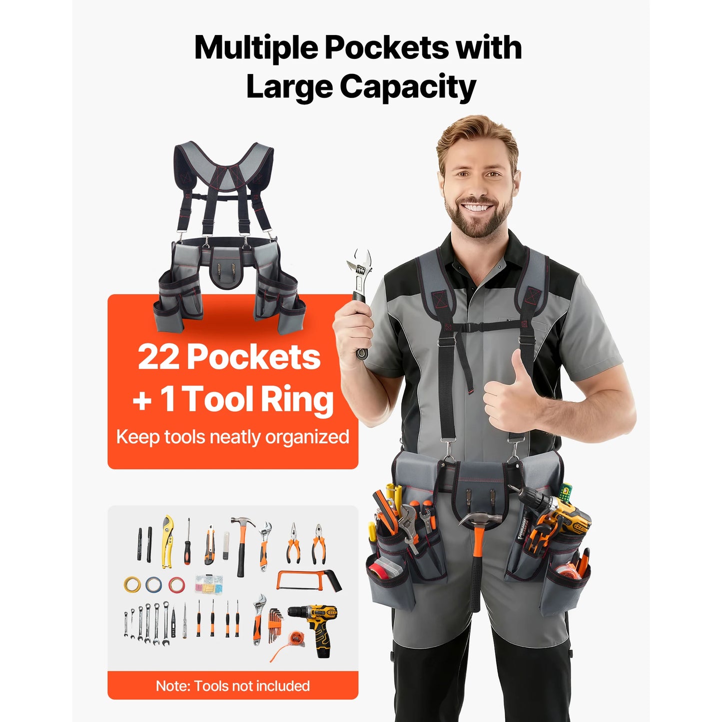 SucceBuy Tool Belt 22 Pockets Waist Adjust 32 to 68 in with Suspenders Utility Belt Bag for Electrician Carpenter Construction