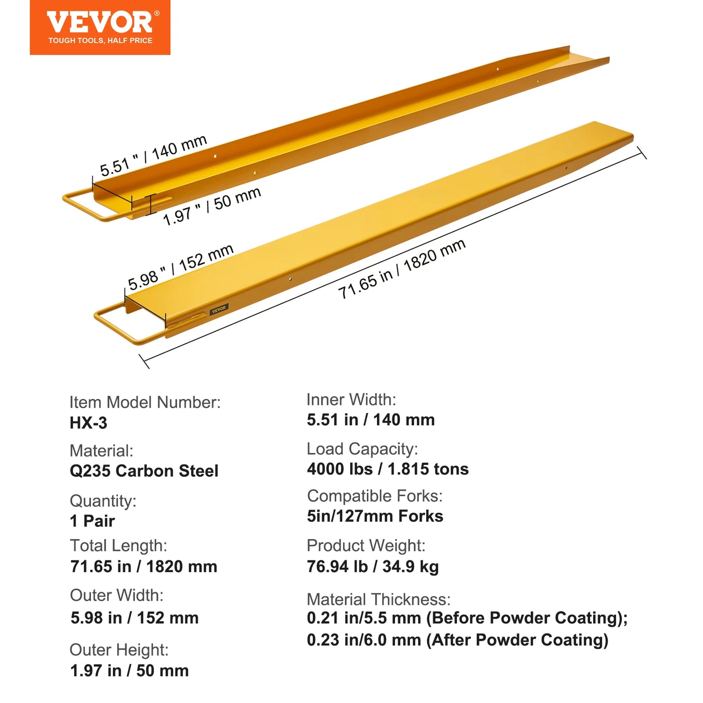 SucceBuy 72/84/96in Pallet Fork Extensions Carbon Steel 5.5in Forklift Attachments for Industrial Truck Cargo Handling Parts