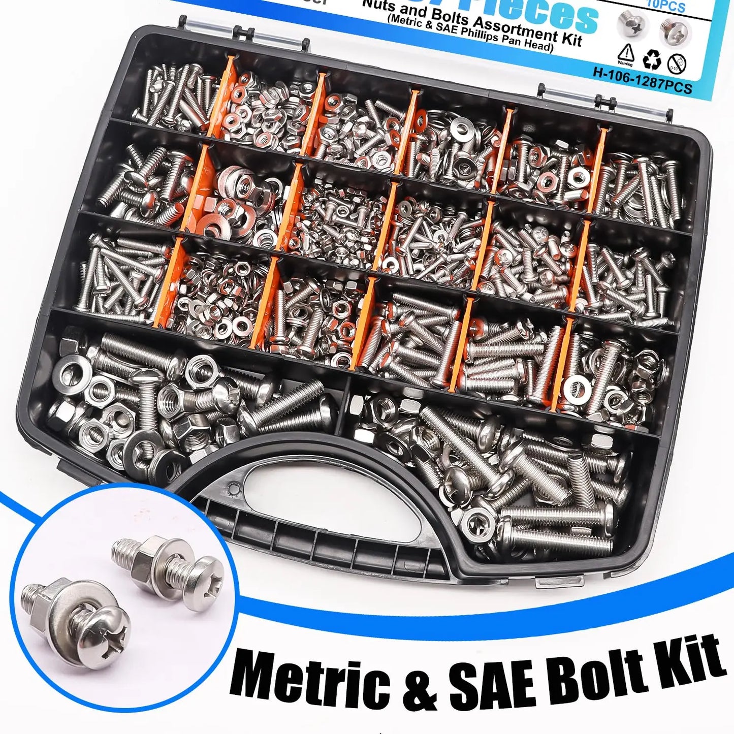1287Pcs Nuts and Bolts Assortment Kit, 304 Stainless Steel Metric & SAE Machine Screws, Phillips Pan Head Hardware Set with
