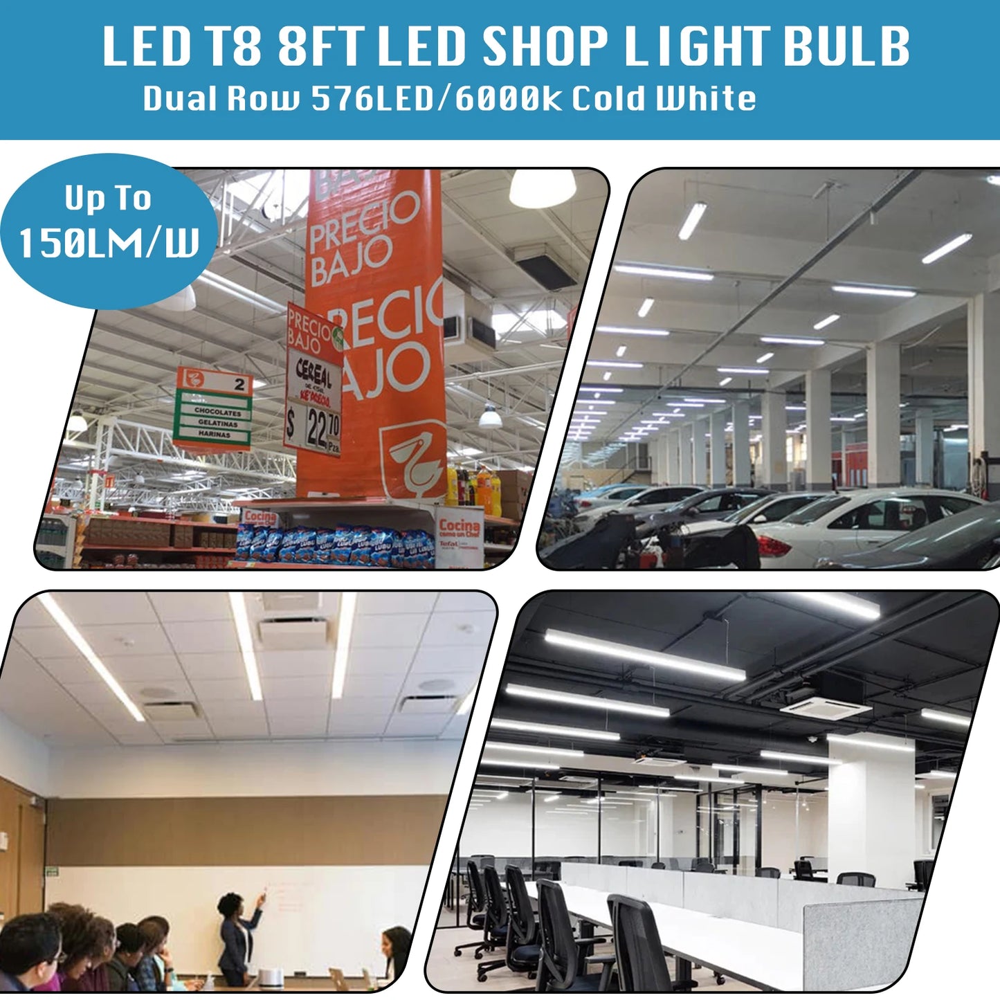8FT Shop Light 100W 15000LM 6000K | 12-Pack Linkable Flat Led Shop Light | Plug & Play T8 Tube Lights for Garage, Warehouse,