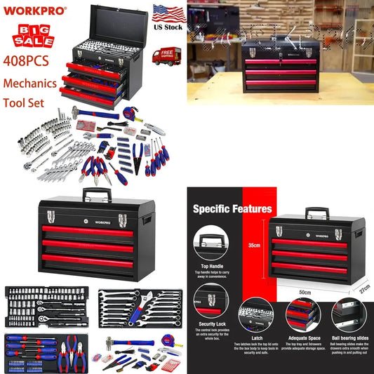 Hand Tool Sets408 Piece 3 Drawer Heavy Duty Mechanics Tool Set with Metal Toolbox for Professionals