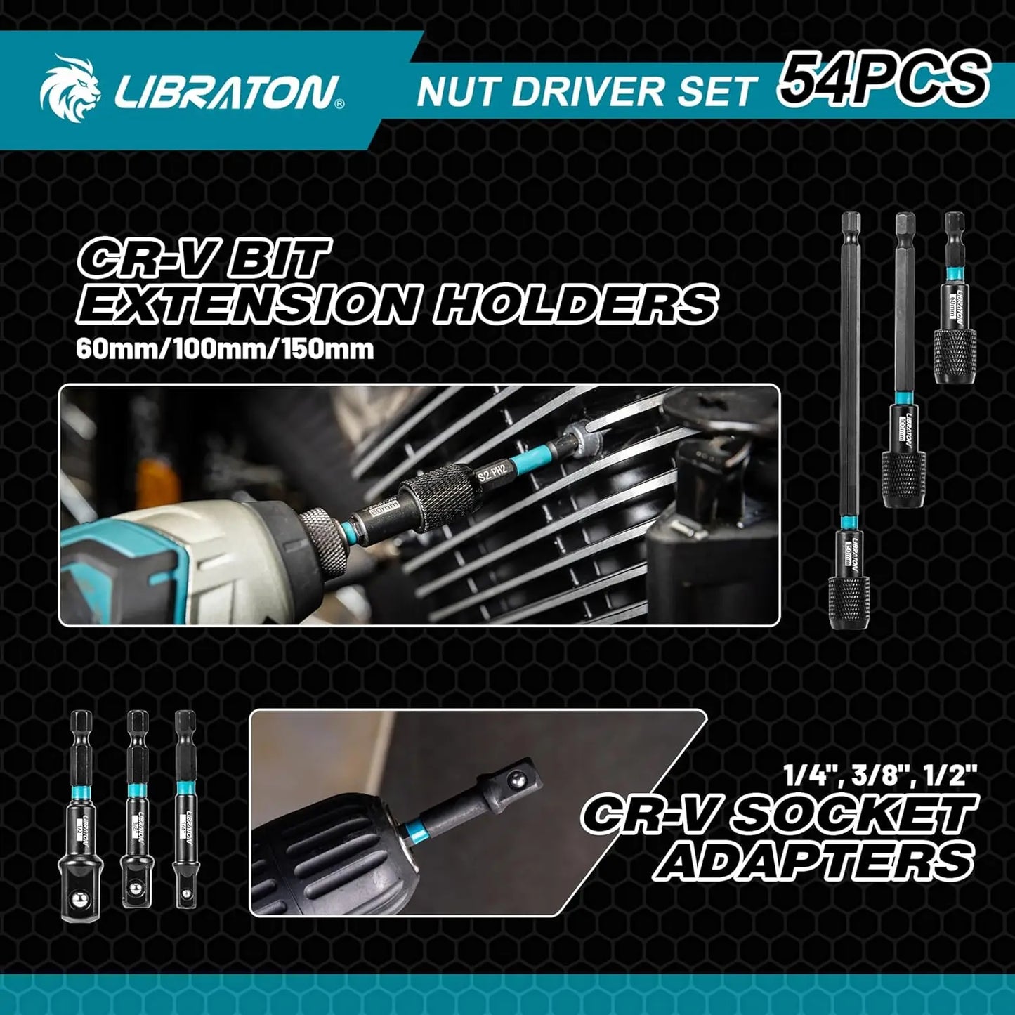 54PCS Magnetic Nut Driver Set with Impact Drill Bits, Socket Adapters, and Storage Box for Professional Use