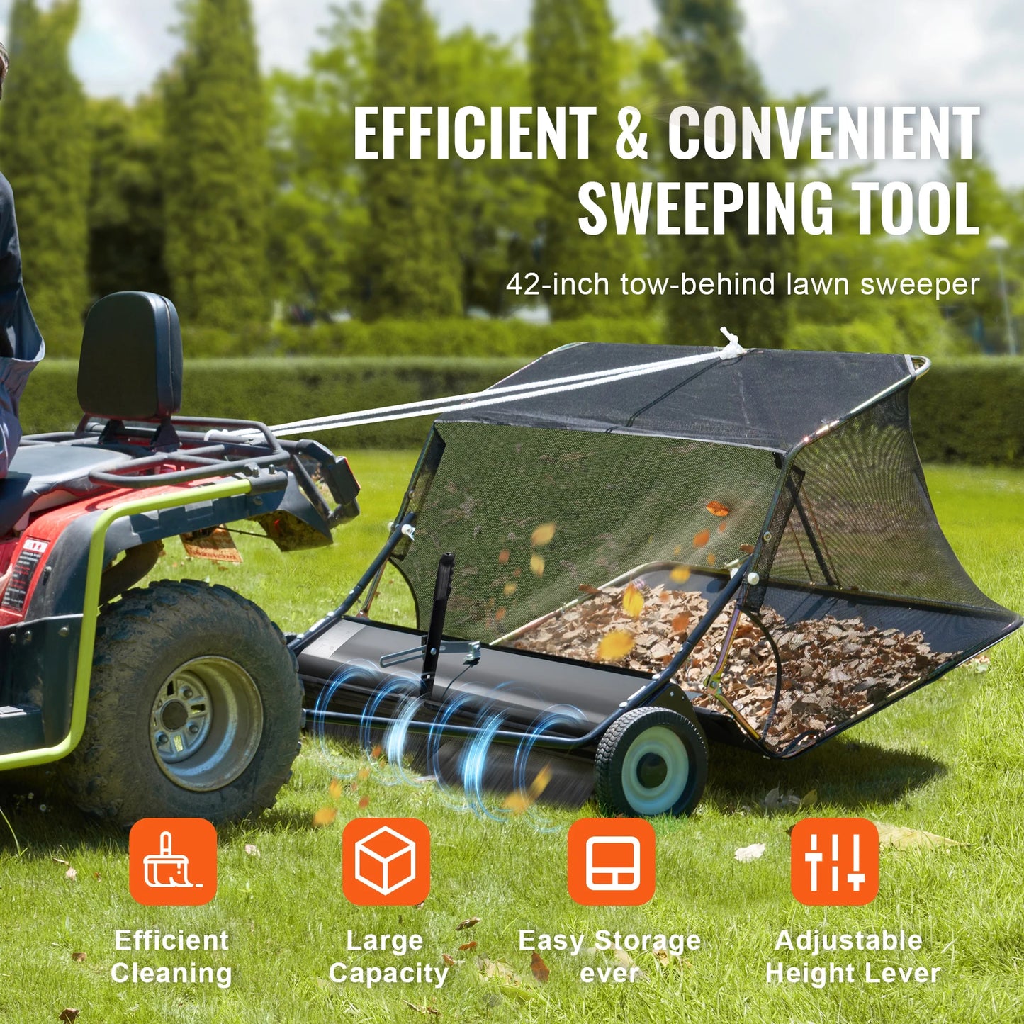 SucceBuy Lawn Sweeper Tow Behind Large Pull Behind Grass Sweeper with Dump Rope Adjustable Sweeping Height for Picking Up Grass