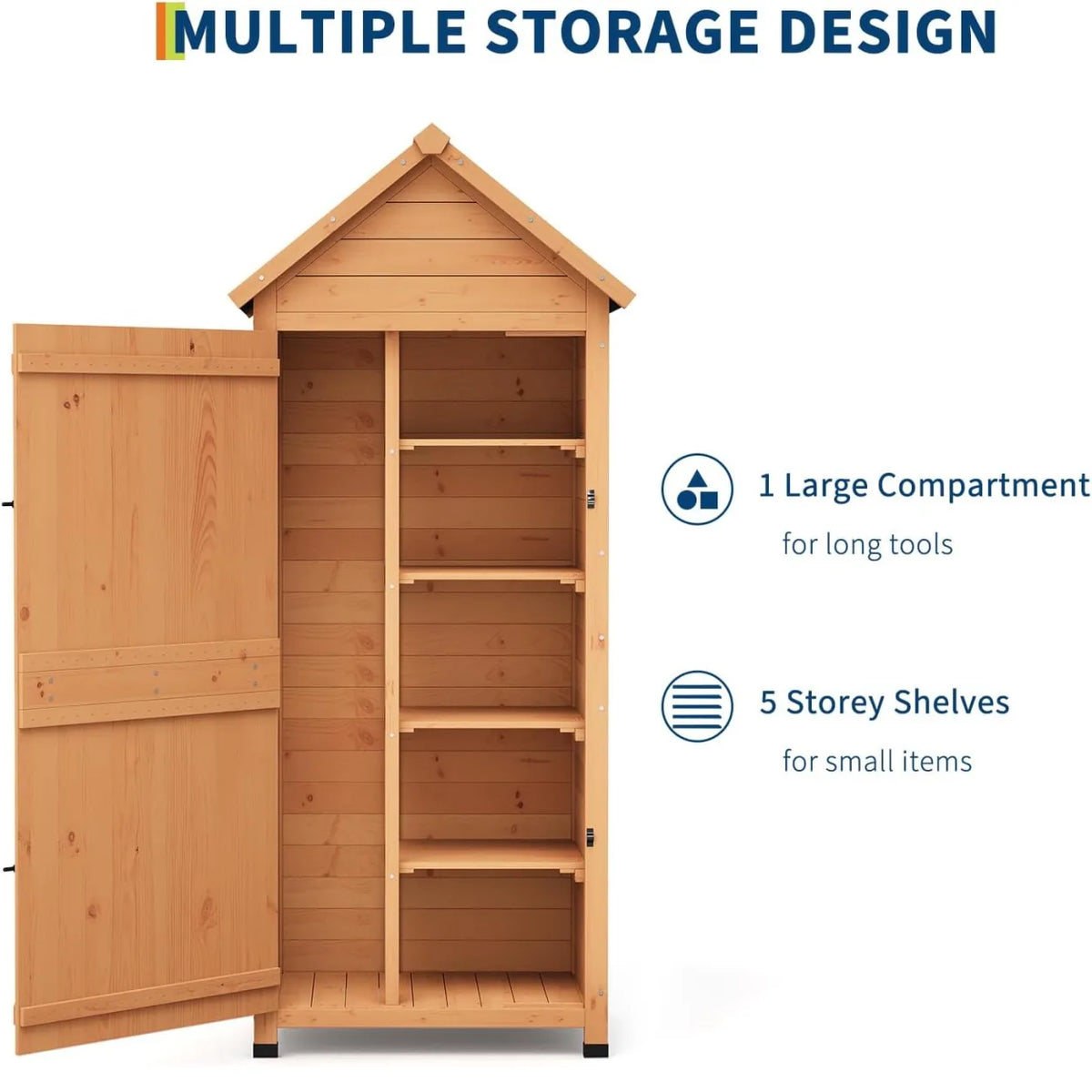Outdoor Wooden Storage Cabinet Garden Tool Shed with Lockable Door Shelves Waterproof Sloped Roof Raised Base Vertical Organizer for Patio Backyard Yard Lawn Equipment and Garden Supplies