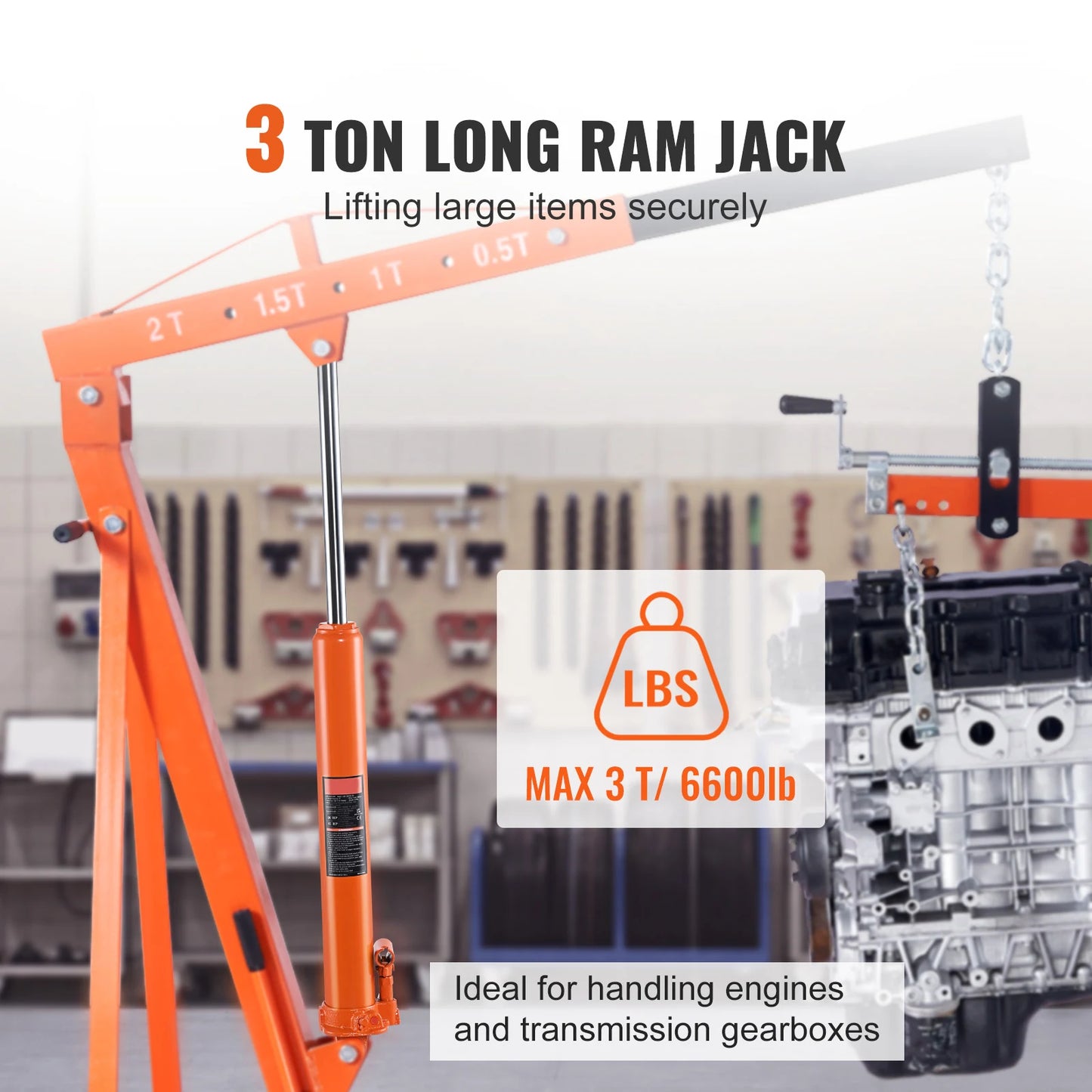 SucceBuy Hydraulic Long Ram Jack 3/8 Ton Engine Hoist Cylinder with Single Piston Pump And Clevis Base Hydraulic Ram Cylinder