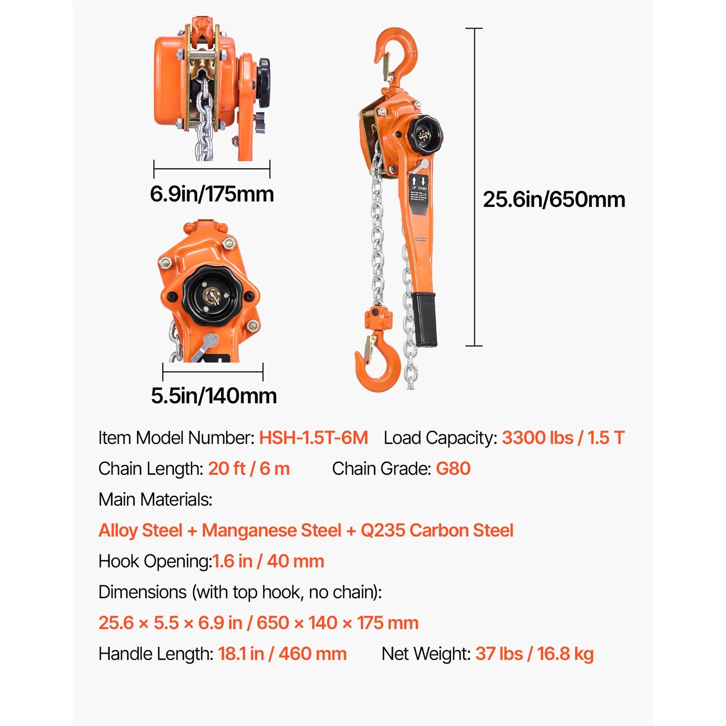 SucceBuy Manual Lever Chain Hoist 1-1/2T / 3T / 6T  Capacity Come Along 10FT/ 20FT Lift G80 Alloy Steel Chain 360°Rotating Hooks
