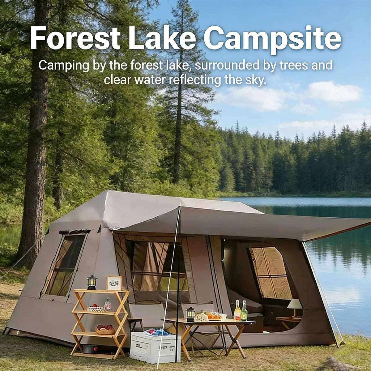 3-Second Fully Automatic Quick-Set Outdoor Camping Tent with Built-in Front Awning; Spacious Interior Ideal for Family Overnight Stays; All-Weather Protection Against Rain, Sun, and Mosquitoes; Well-Ventilated; Suitable for A