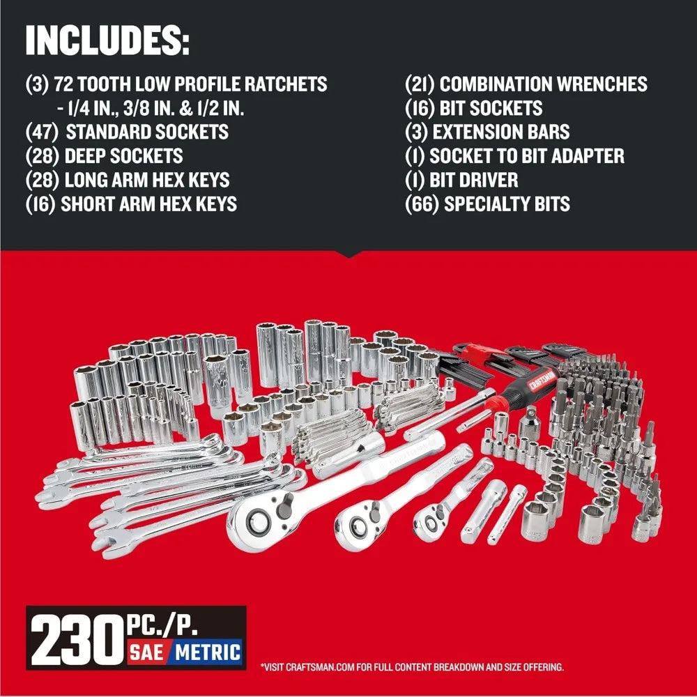 CRAFTSMAN 230 Pcs Mechanics Tool Set, Socket Wrench Set, Car Tool Kit with Toolbox, SAE and Metric,1/4 in, 3/8 in, and 1/2 Drive