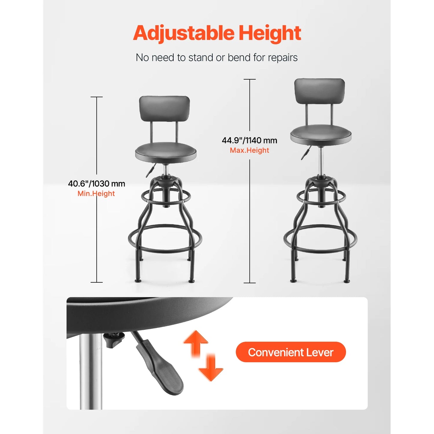 SucceBuy Shop Stool with Backrest Pneumatic Garage Seat/Work Stool Adjustable Height Roller Creeper Seat for Garage&Auto Repair