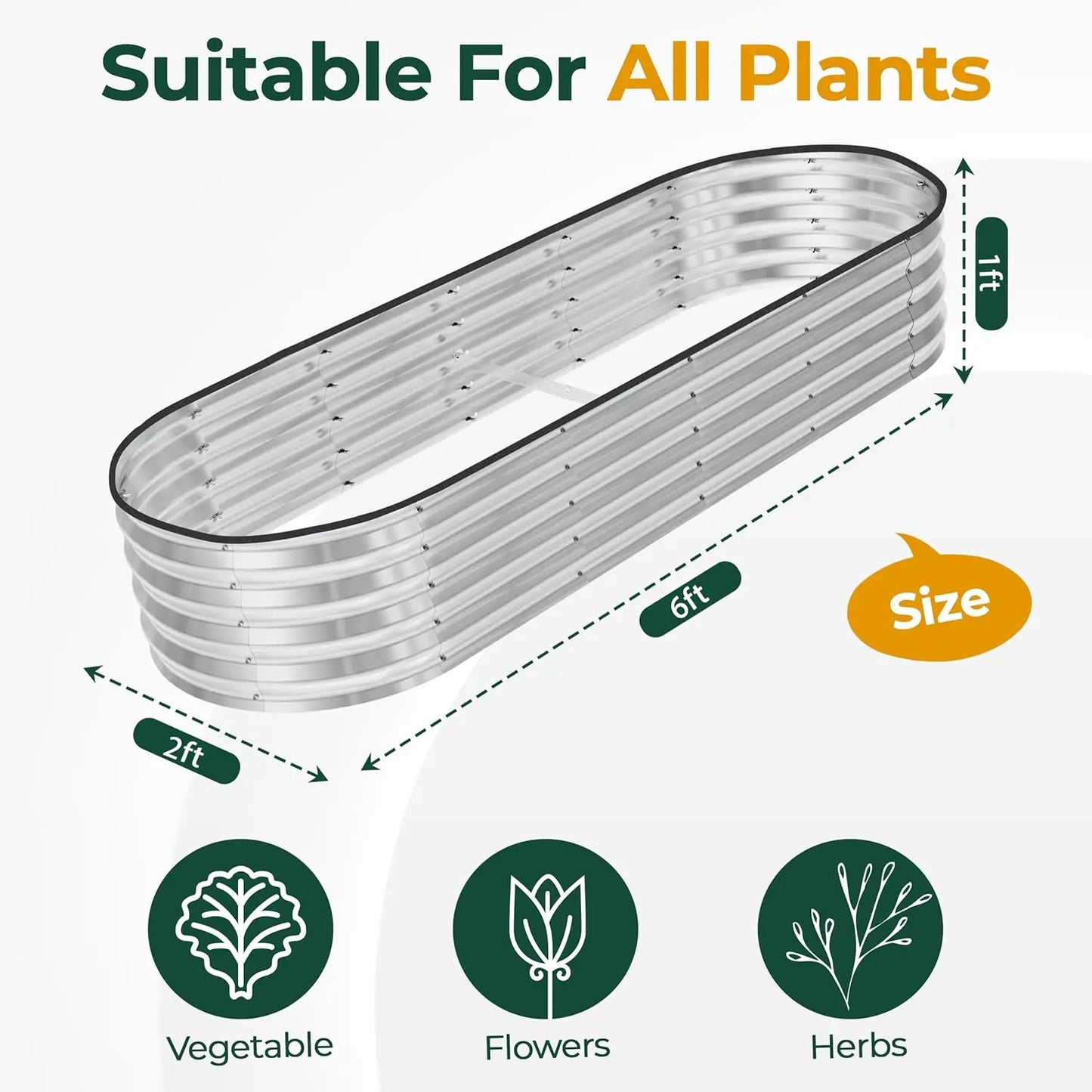 6x2ft Galvanized Raised Garden Bed, Lightweight Planter Box with Easy Assembly for Vegetables Fruits Flowers, Pack of 2