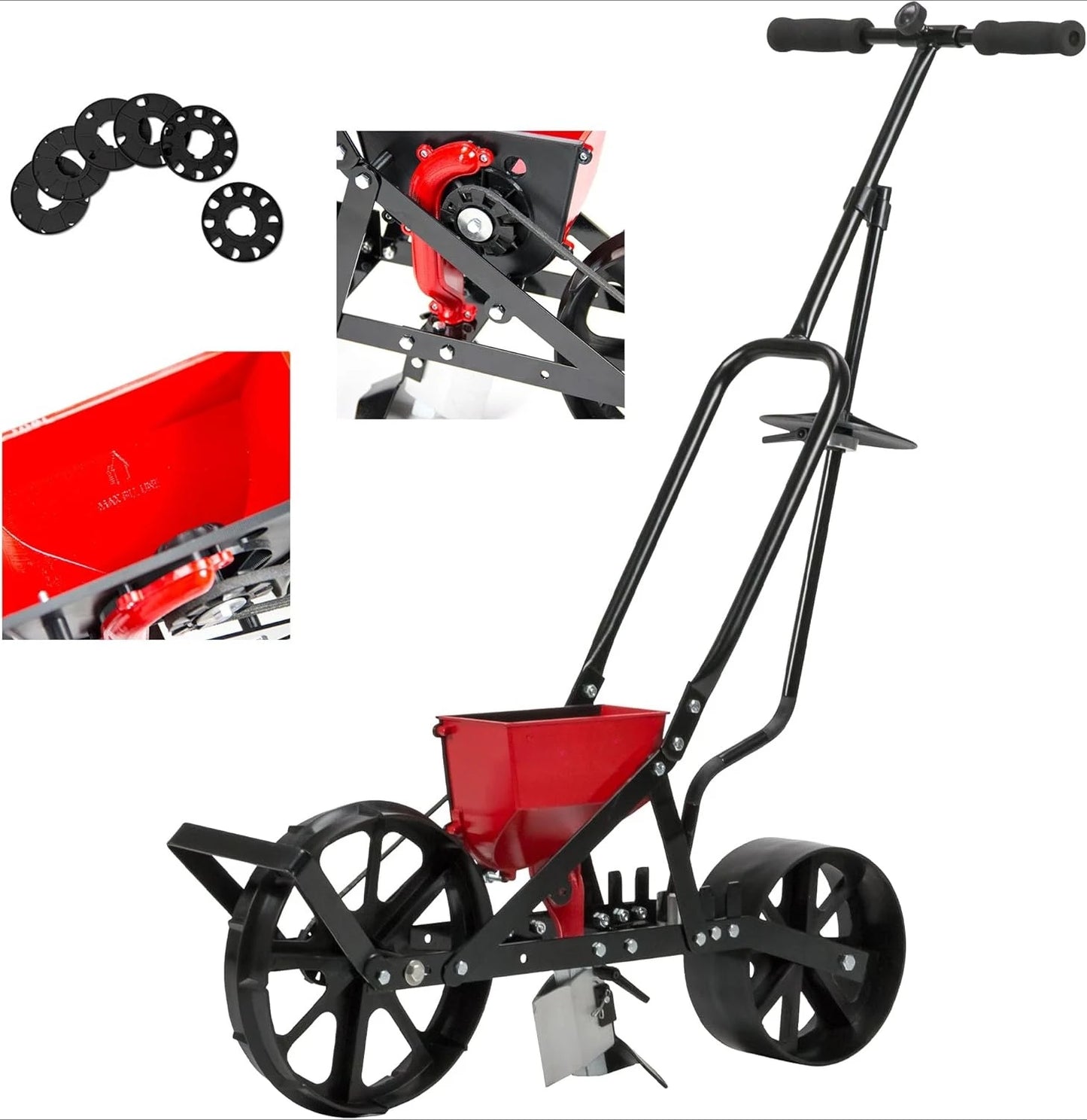 Garden Push Seeder Planter with 6 Seed Plates for up to 20 Varieties of Seeds, Zinc Plow Blade, Row Marker