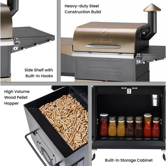Wood Pellet Grill Smoker with PID Controller, 8in1 Master Sear BBQ Grill, Auto Temperature Control, Huge Storage Cabinet Side S