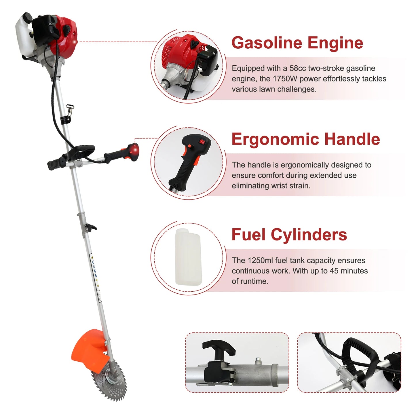 52cc 2-Stroke Gasoline Lawn Mower Gas String Trimmer 3-in-1 Adjustable Handheld Weed Eater with 4 Detachable Trimmer Heads
