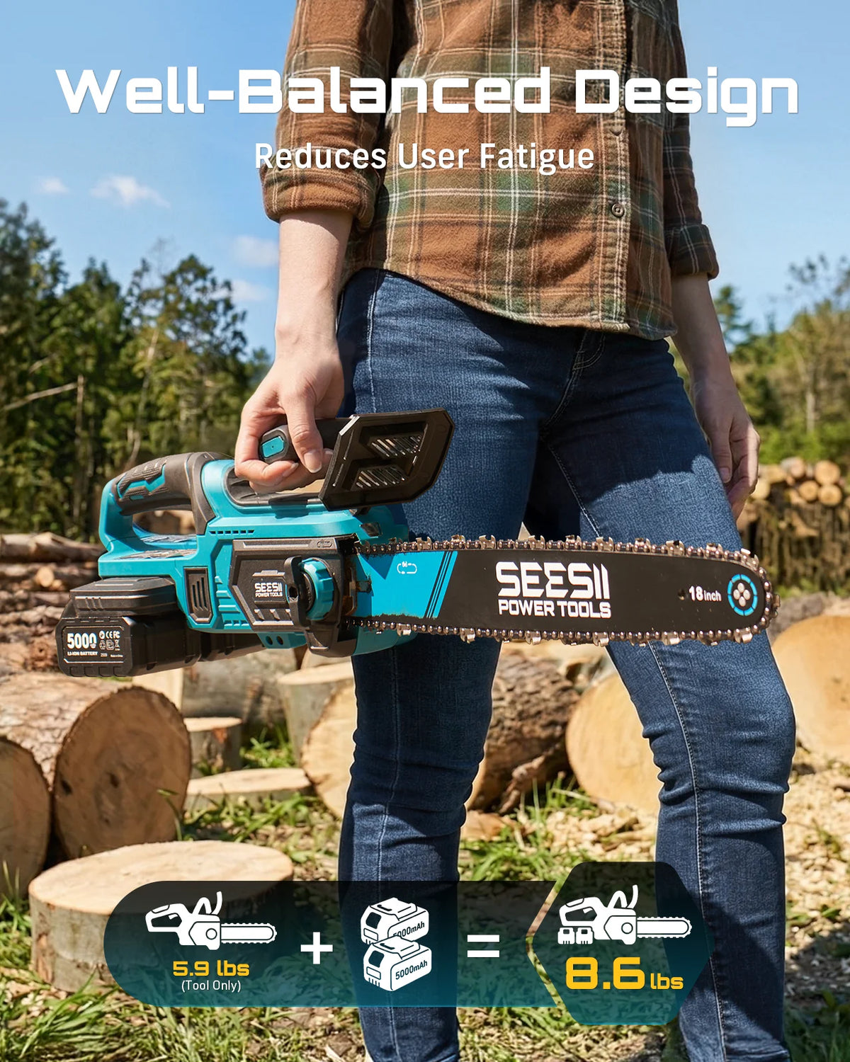 SEESII  40V 18Inch Brushless Chainsaw With Automatic Oiler 2200W Cordless Electric Saw Garden Woodworking Cutting Tool For Makita 18v Battery Pin