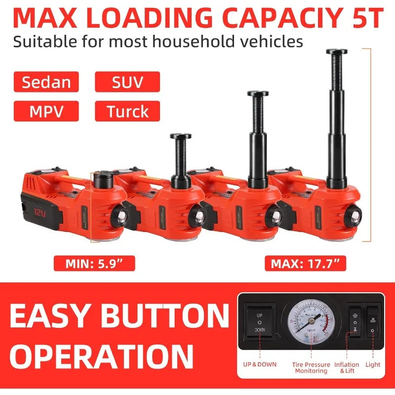 Electric Car Jacks 5Ton 12V Hydraulic Jack with Tire Air Pump and LED Light,Electric Car Jack Lift Floor Jacks for SUV Car Tire