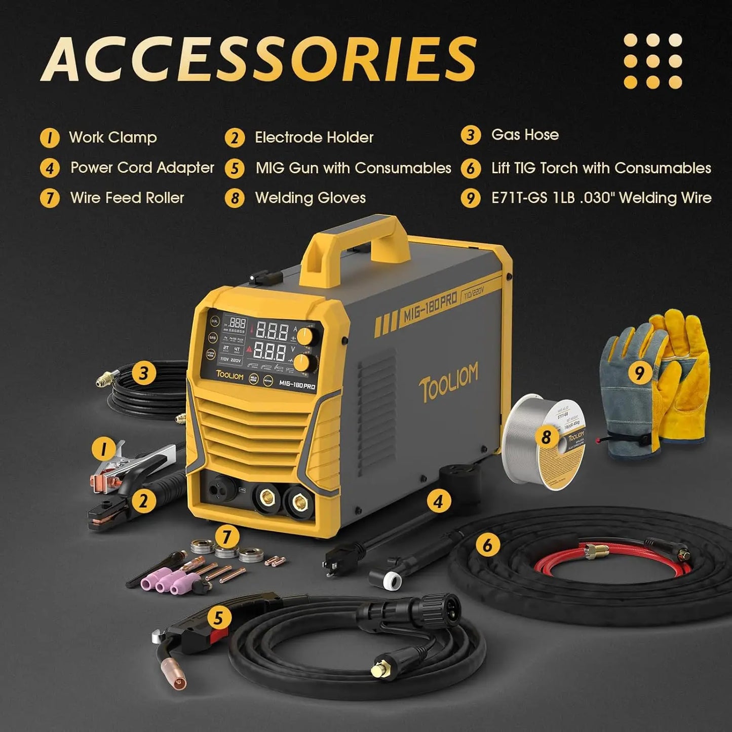 4 in 1 MIG Welder 180A Gas MIG Flux MIG Stick Lift TIG Multiprocess Welding Machine 110V 220V Welder Kit with Lift TIG Torch