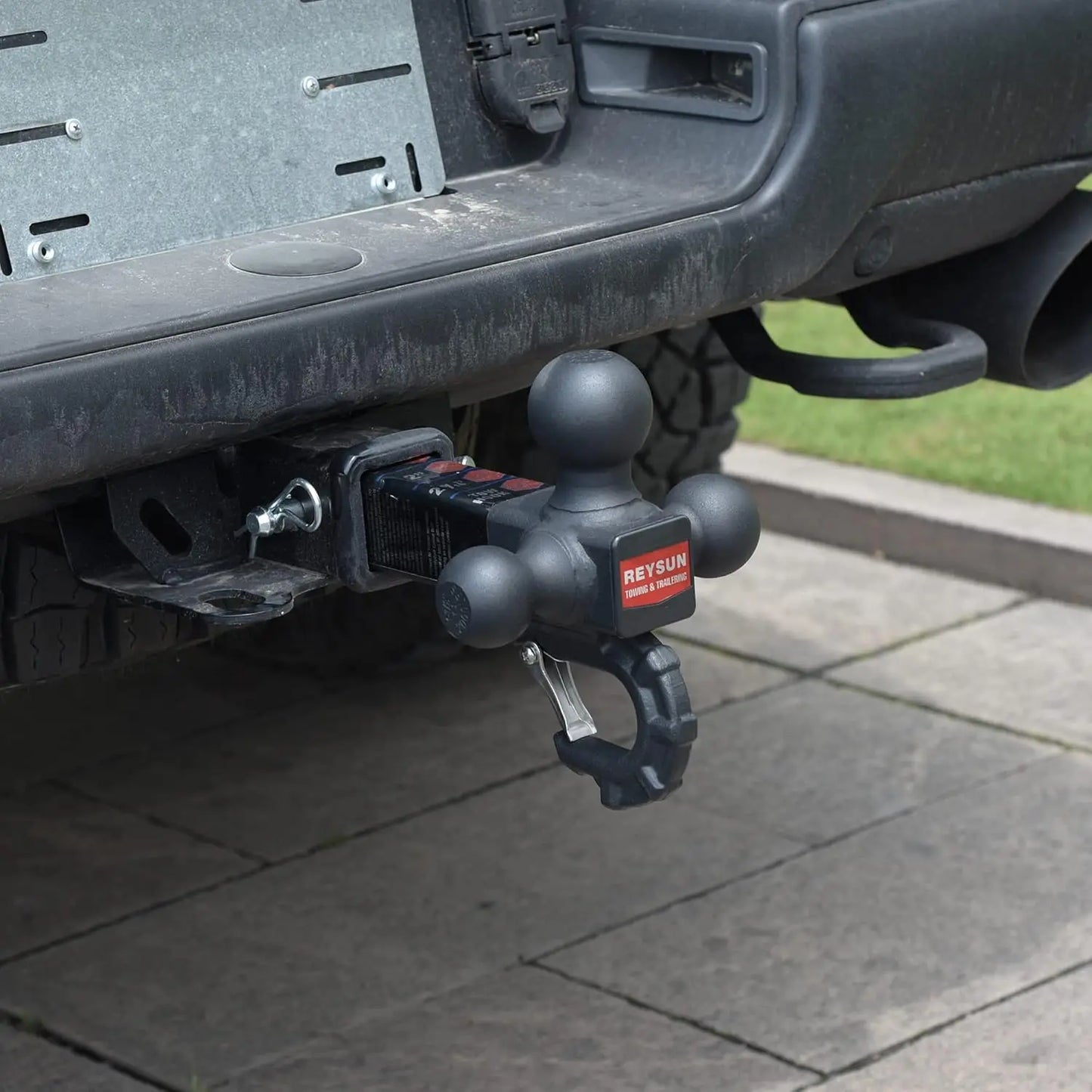 Tri-Ball Trailer Hitch with Hook: 3 Sizes in 1 Tow Ball, Fits 2-Inch Receiver, Self-Locking, 10,000 lbs Capacity, Matt Black
