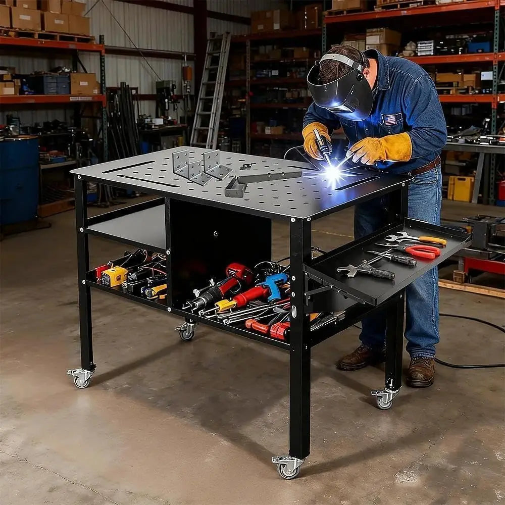 Welding Table Heavy Duty Mobile Steel Workbench with Wheels, Work Station Unil Workbench or Metalworking, Cutting Grinding Weldi