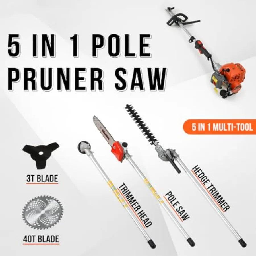 41.5cc Gas Hedge Trimmer Weed Eater 5 in 1 Multi Functional Trimming Tools Gas Weed Wacker Pole Saw for Tree Trimming Brush Cut