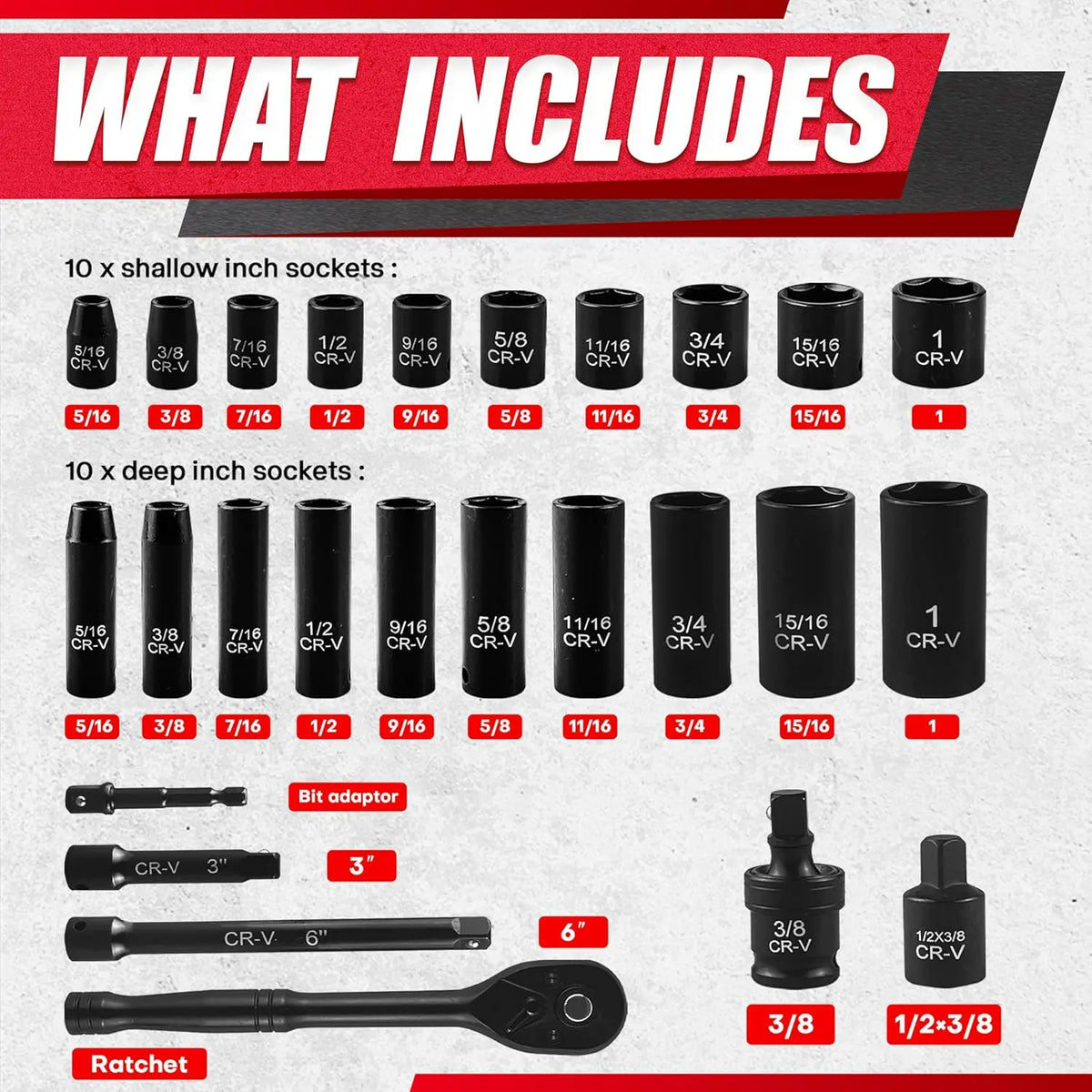 64pcs 3/8" Drive Impact Socket Set, SAE/Metric Deep & Shallow, Cr-V Steel with 72T Ratchet Handle, Extension Bars, Bit Adapter