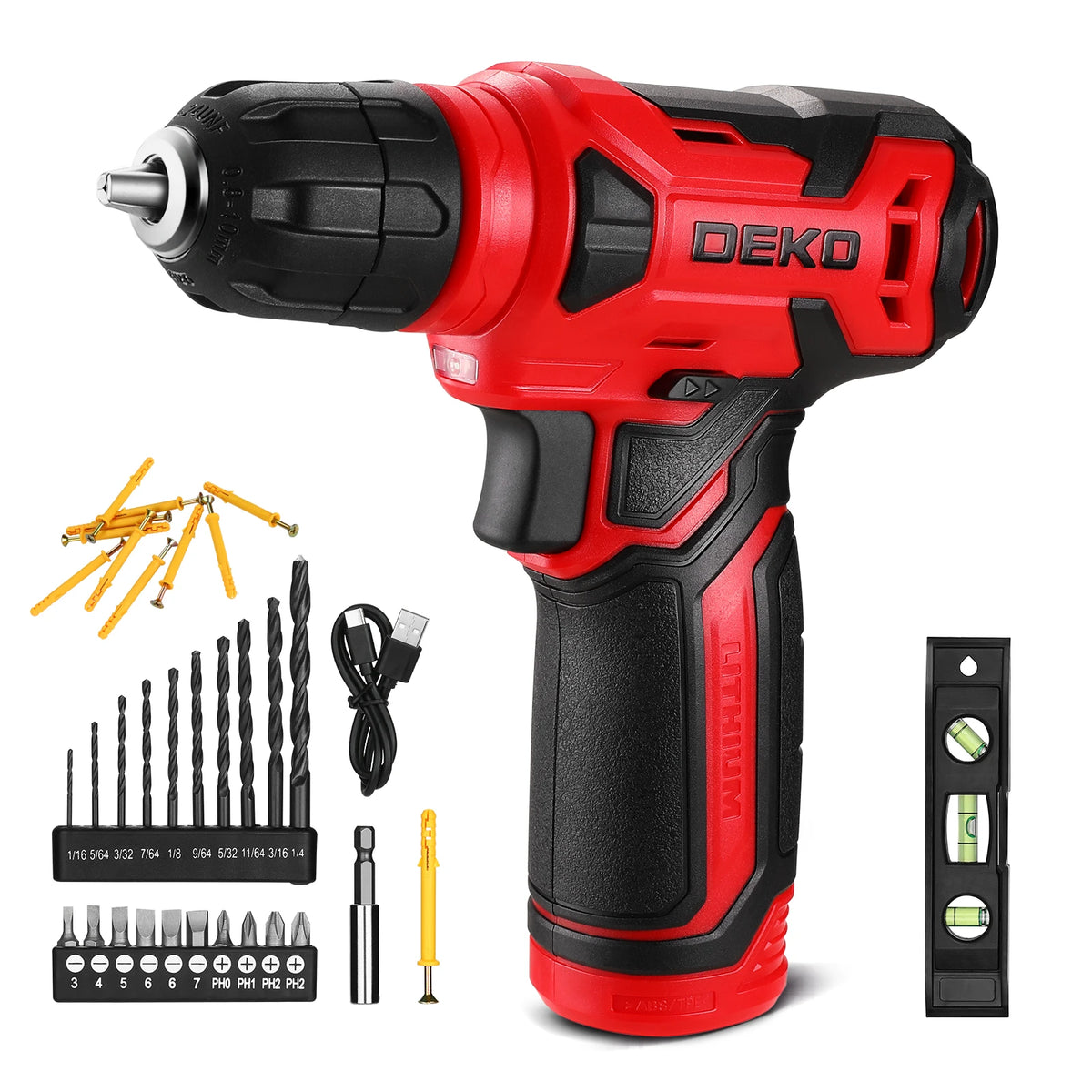 DEKO Cordless Drill Driver Set With Keyless Chuck LED Light