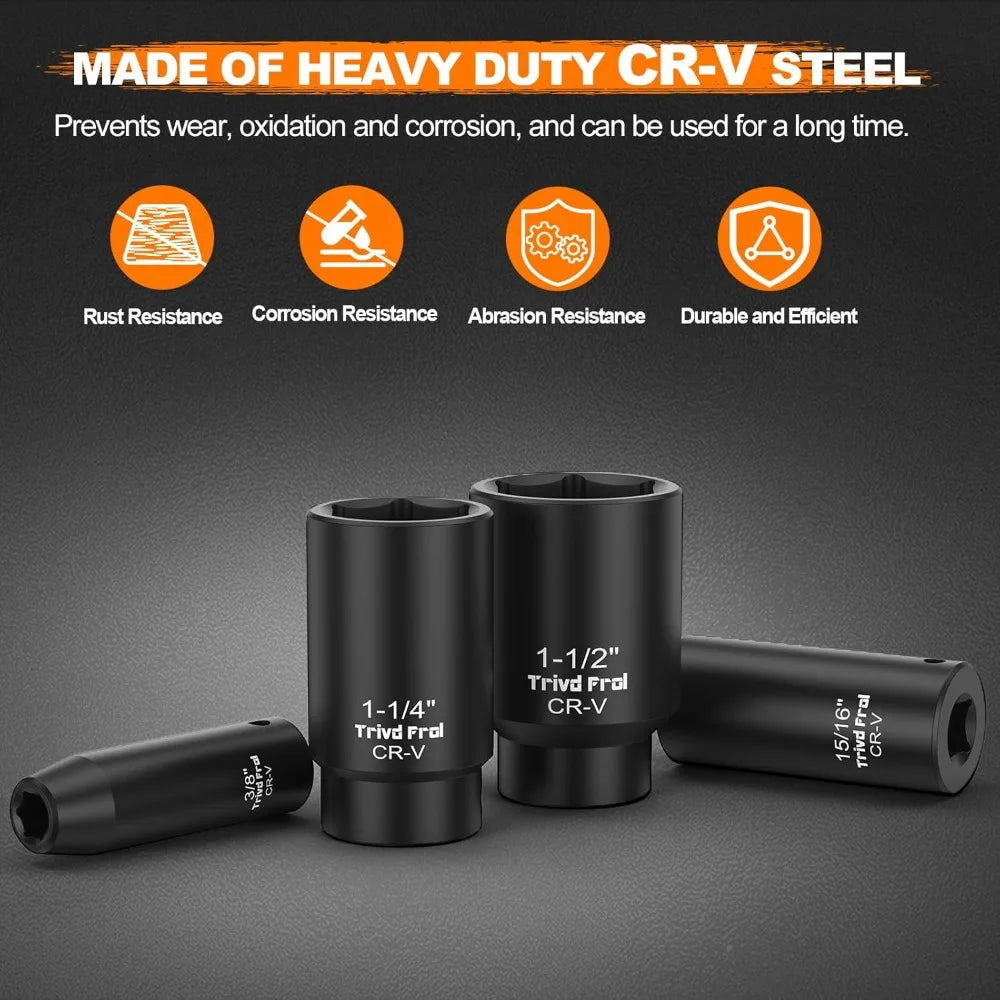 SAE Impact Socket Set - 1/2' Drive, 19pc Deep Socket Set 3/8' to 1-1/2', Cr-V Steel, Double Lock Case
