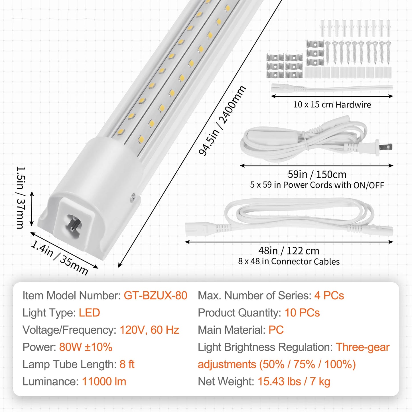 SucceBuy 10Pack LED Shop Light 4/8FT 40/80W  59in Power Cords Switch 48in Connector Cables for Garage Warehouse Home and Office