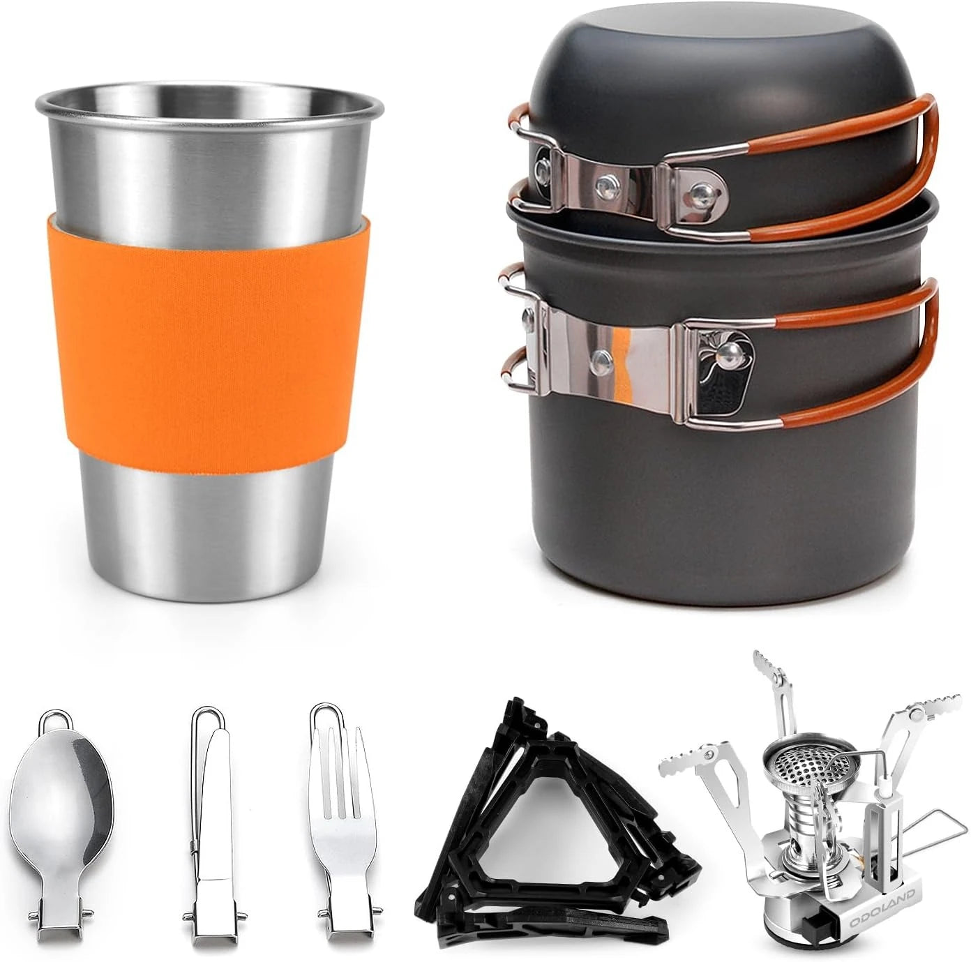 Camping Cookware Stove Carabiner Canister Stand Tripod Stainless Steel Cup Tank Bracket Fork Spoon Kit For Backpacking Outdoor Camping Hiking Picnic