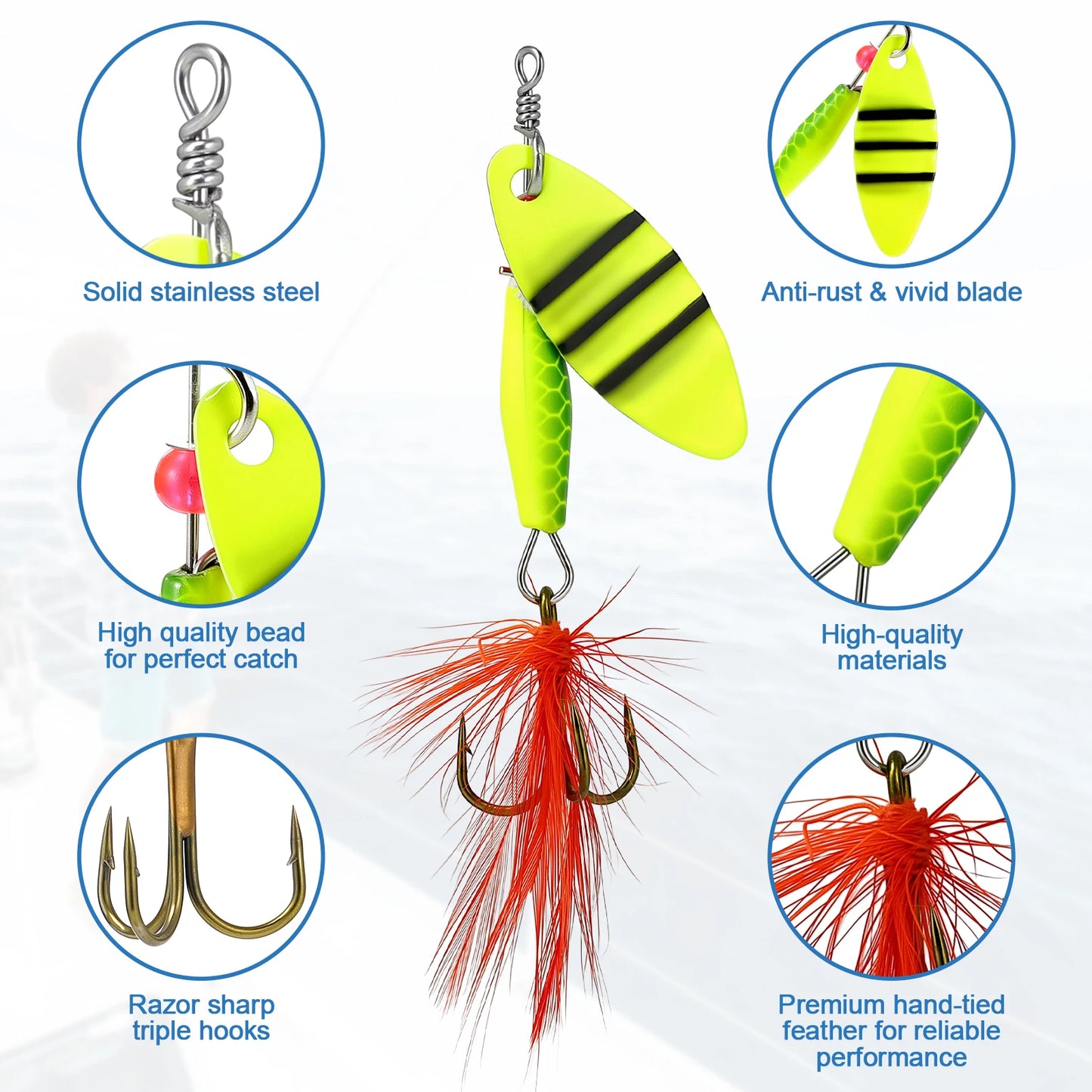 16Pcs Spinner Fishing Lures Set with Tackle Box Metal Composite Rotating Blades Bass Trout Salmon Freshwater Saltwater Fishing