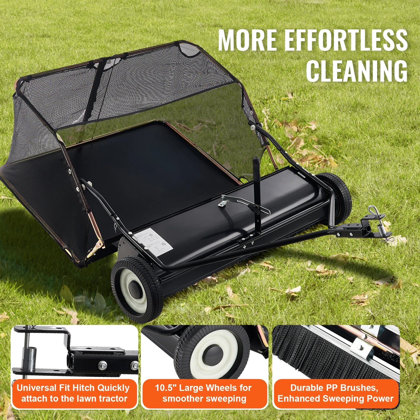 SucceBuy Lawn Sweeper Tow Behind Large Pull Behind Grass Sweeper with Dump Rope Adjustable Sweeping Height for Picking Up Grass