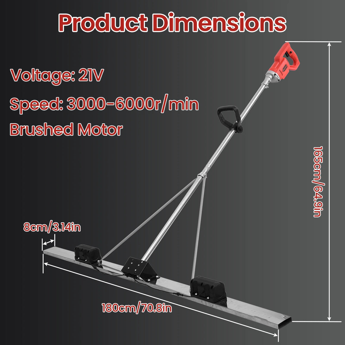 Electric Concrete Screed Vibrator, Cordless Battery Powered Cement Leveling Ruler – Concrete Finishing Tool with Stainless Steel Plate for Road, Sidewalk, Floor