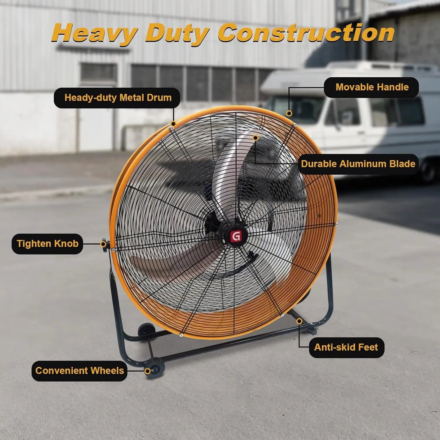 24-Inch Large Industrial Drum Fan 3-Speed High-Velocity Floor Fan with Built-in Wheels & Handle Metal Air Circulator Cooling Fan