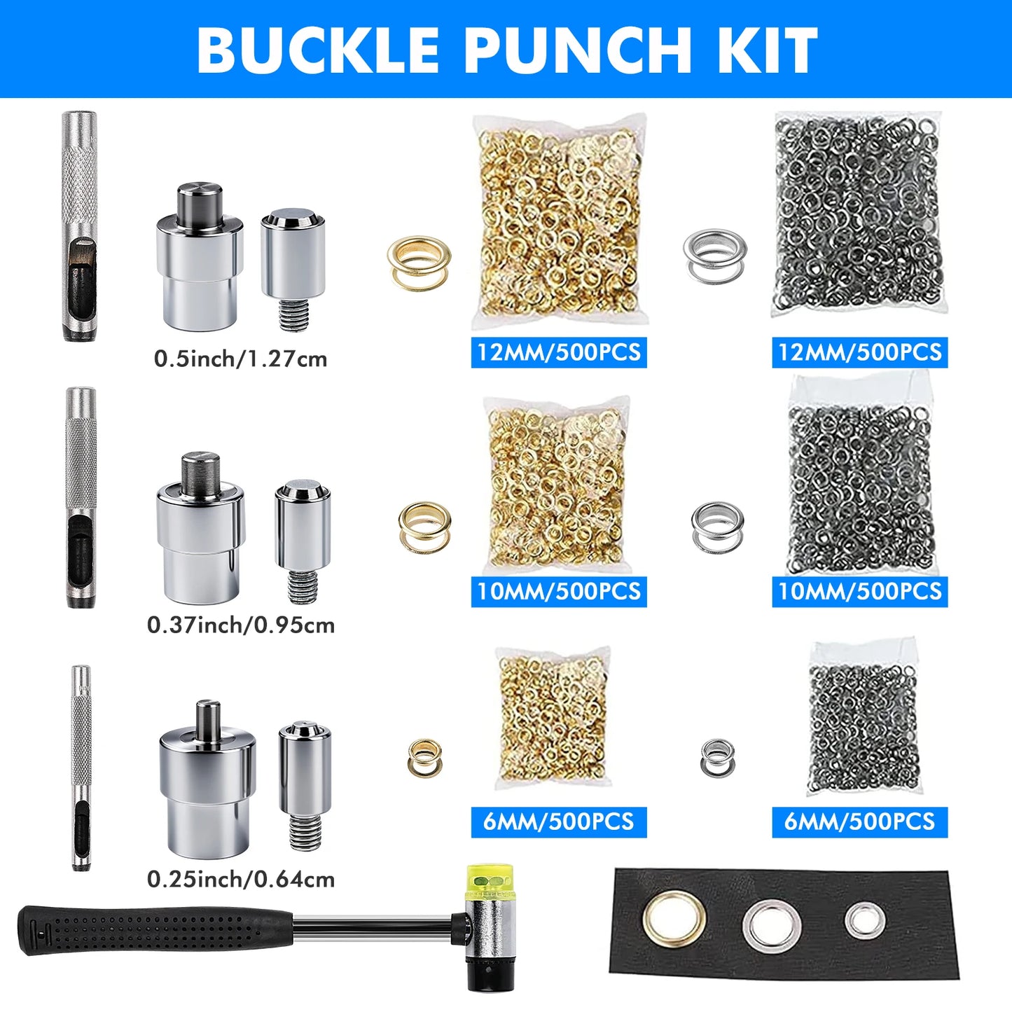 Manual Grommet Eyelet Machine DIY Hand Press Leathercraft Punch Tool w/6/10/12mm Dies+Grommets Easy to use Versatile use