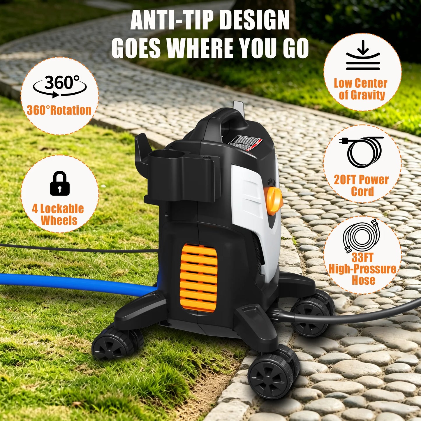Electric Pressure Washer, 2.8 Max GPM with Anti-Tipping Technology, Onboard Soap Tank, Pro-Style Steel Wand, 5-Nozzle Set, for Cars/Fences/Driveways/Home/Patios