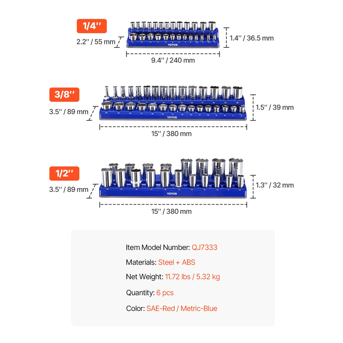 SucceBuy 6pcs/8pcs Blue+Red Magnetic Socket Organizer Set 3/8'' 1/2'' Metric SAE Socket Trays with Clear Labels for Tool Box