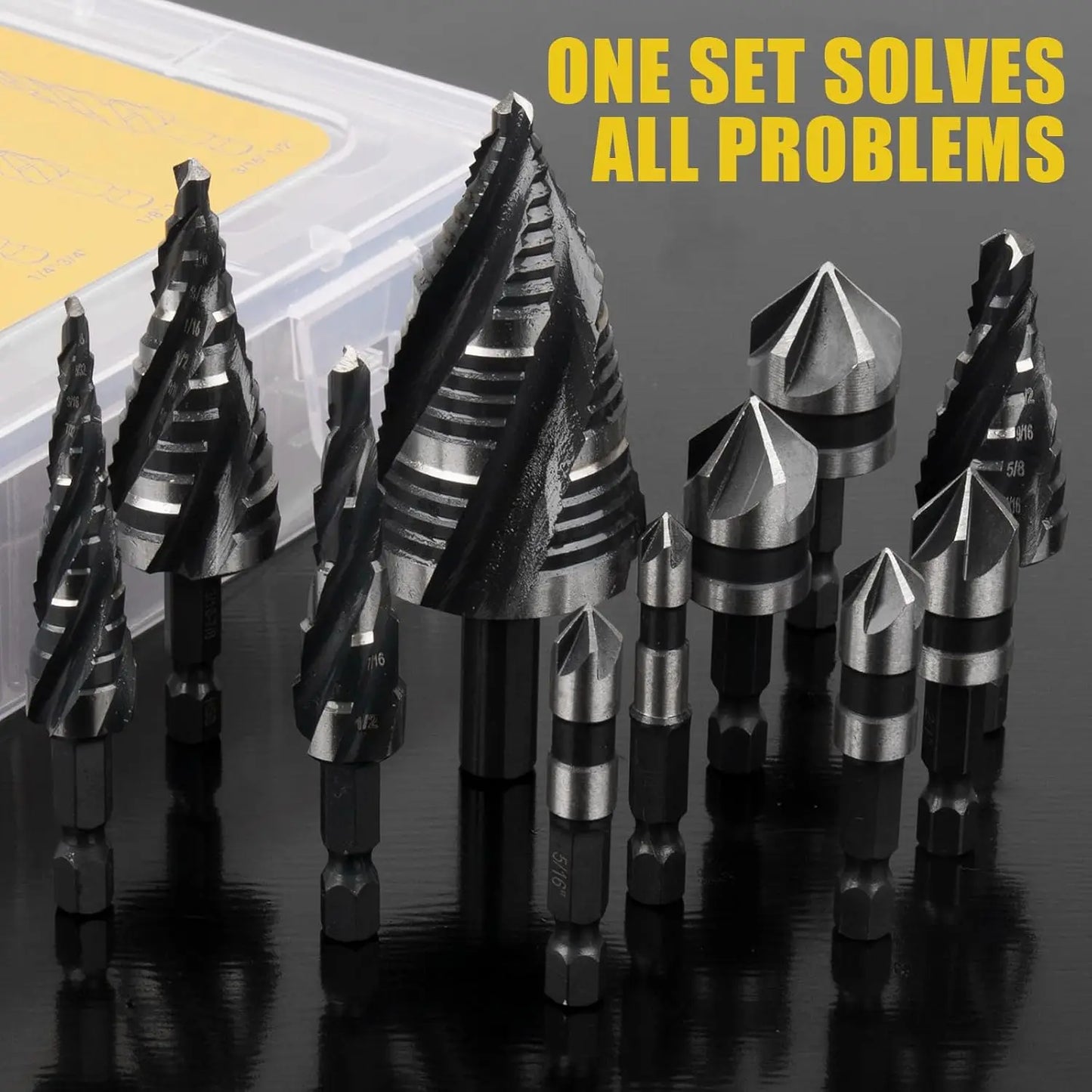 5-Piece Spiral Flute Step Drill Bit Set & 6-Piece Countersink Bits with Tool Box, HSS for Metal, Wood, Plastic