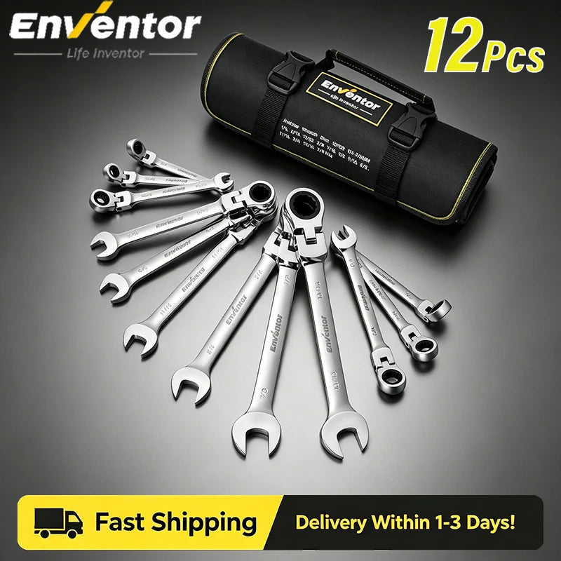 Enventor 12 Pieces Ratcheting Wrench Set SAE 1/4-7/8" 180° Flex Head 12-Point Combination Ratchet Wrenches Set For Garage Home