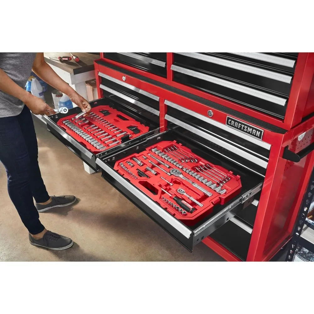 Mechanic Tool Set 135 Pcs, 1/4, 1/2 and 3/8 Inch Drive SAE and Metric Socket Wrench Set with Case (CMMT12124)