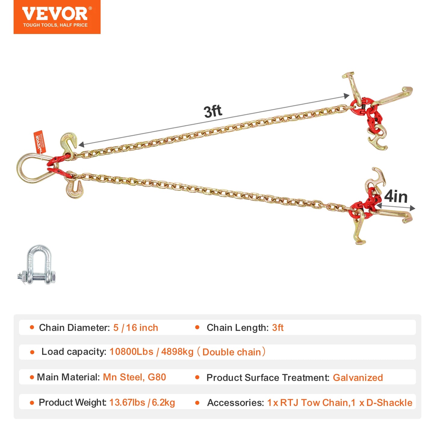 SucceBuy G80 V Towing Binder Chain with R/T/J Hook & Grab Hooks Transport Tow Bridle Chain for Flatbed Truck Wrecker Recovery