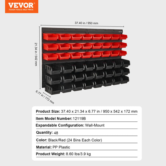 SucceBuy Wall Mounted Storage Bins 30/48Bin Parts Rack Organizer Garage with Wall Panels Hooks Plastic Shop Tool for Screw Nails