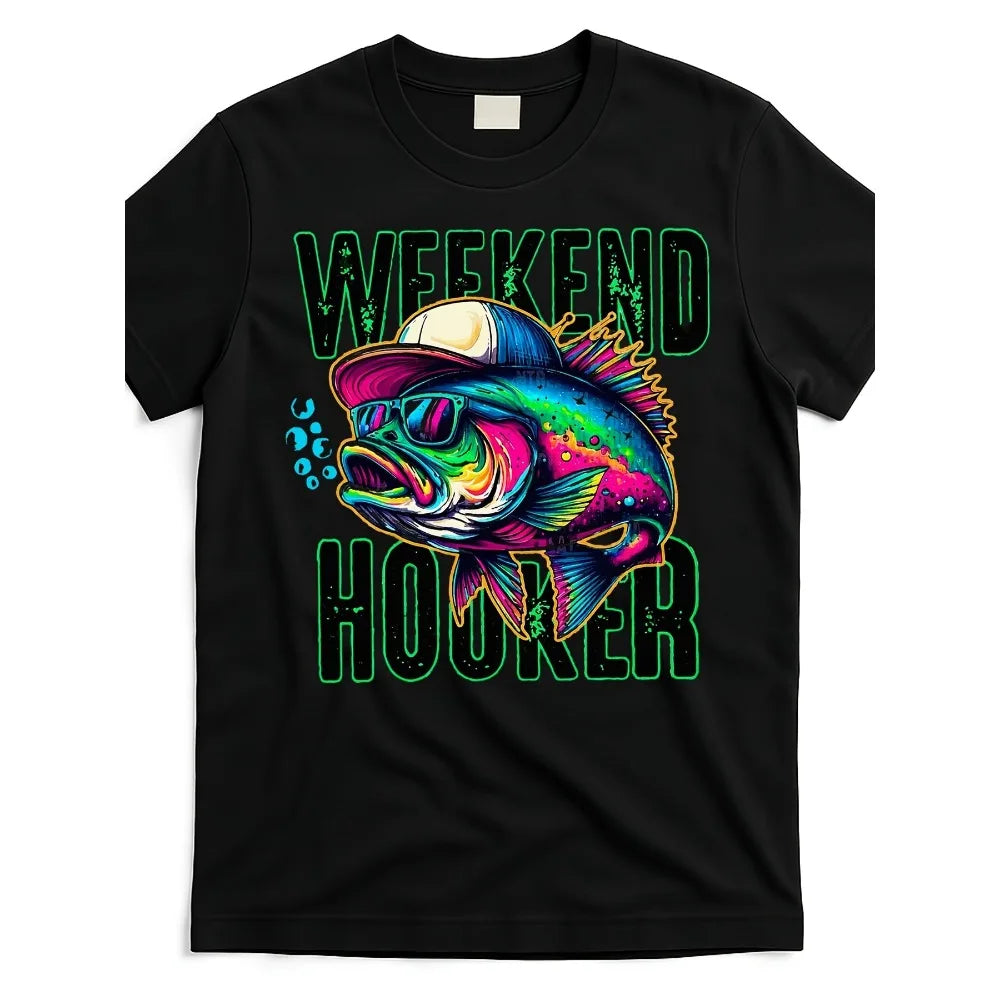 Casual Style Men's T-Shirt Colorful Fish with Hat And Fashion Glasses Weekend Hooker Text Fishing Theme Summer Outdoor Activity Gift for Fishing Enthusiasts