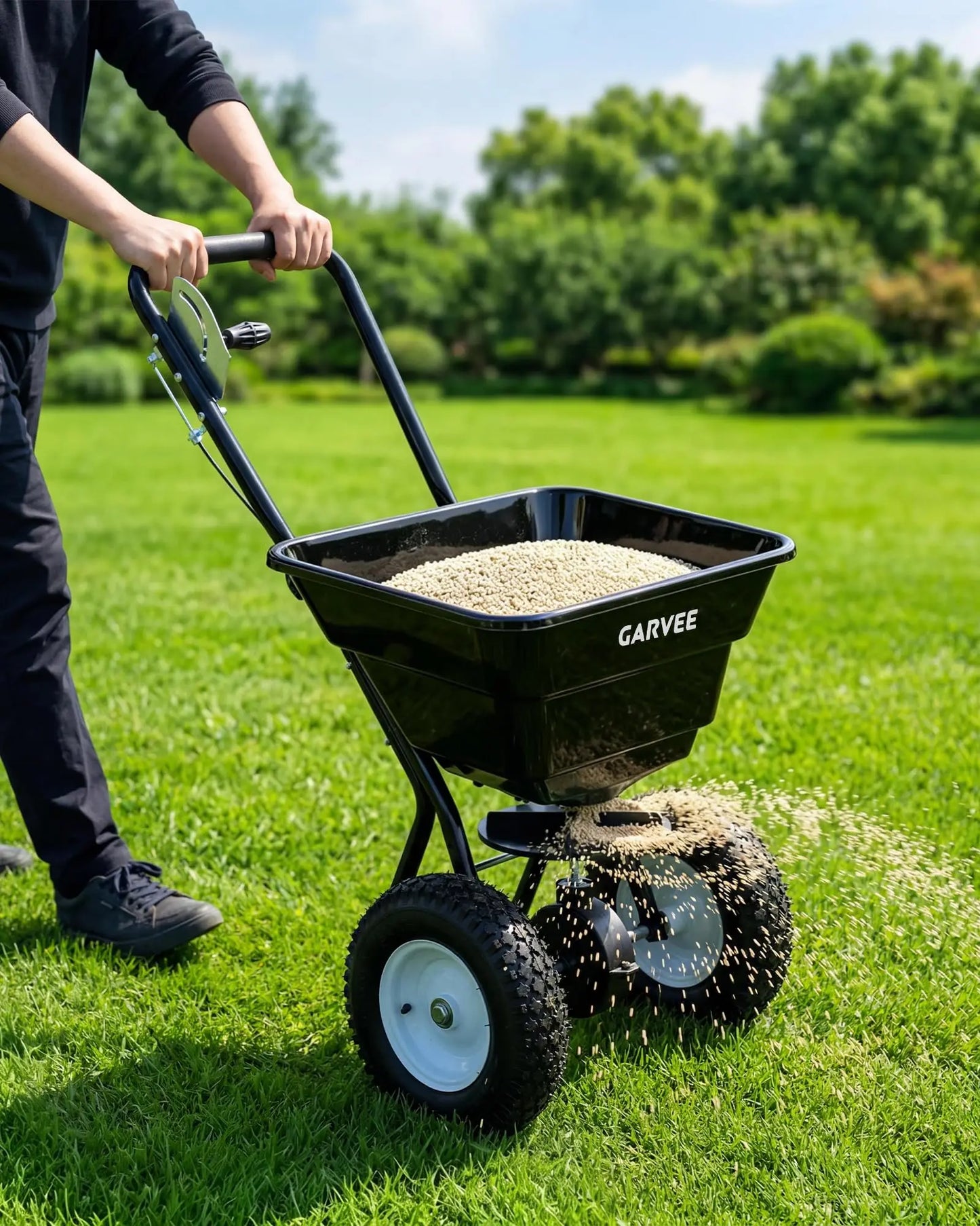 Heavy Duty 80LB Lawn Spreader, Walk Behind Broadcast Spreader With 12FT Coverage, 13in Wheels For Seed Fertilizer Salt