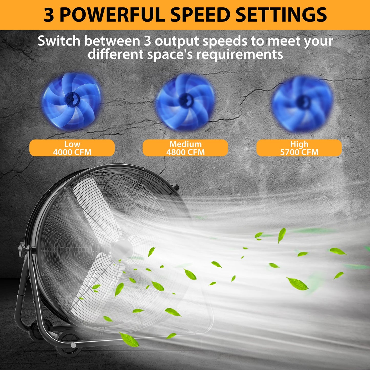 24 In Industrial Drum Fan High Velocity Floor Fan, 3 Speed Heavy Duty Metal Air Circulator Fan, 360° Tilt for Warehouse, Commerc