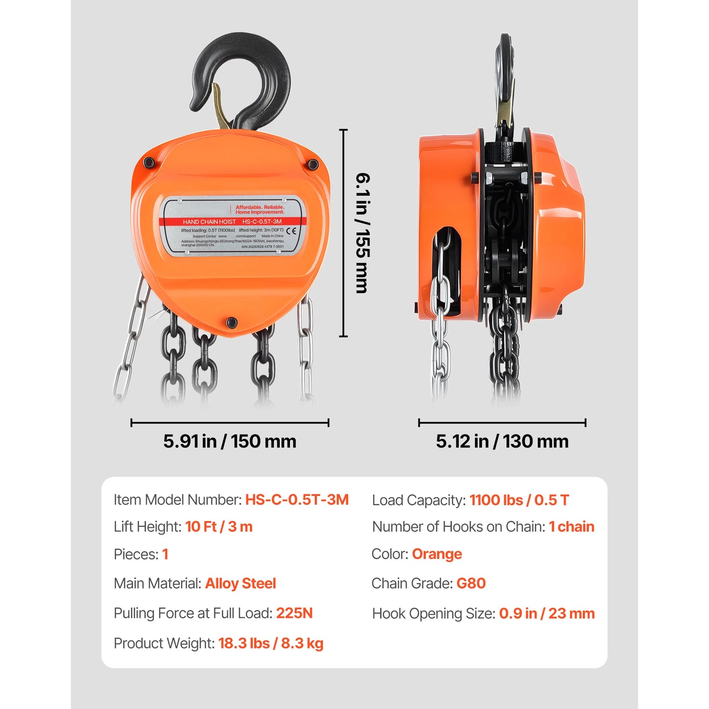SucceBuy Hand Chain Hoist Manual Chain Block with Upgrade G80 Galvanized Chain 10 ft/20ft Lifting Height Pulley Hoist for Garage