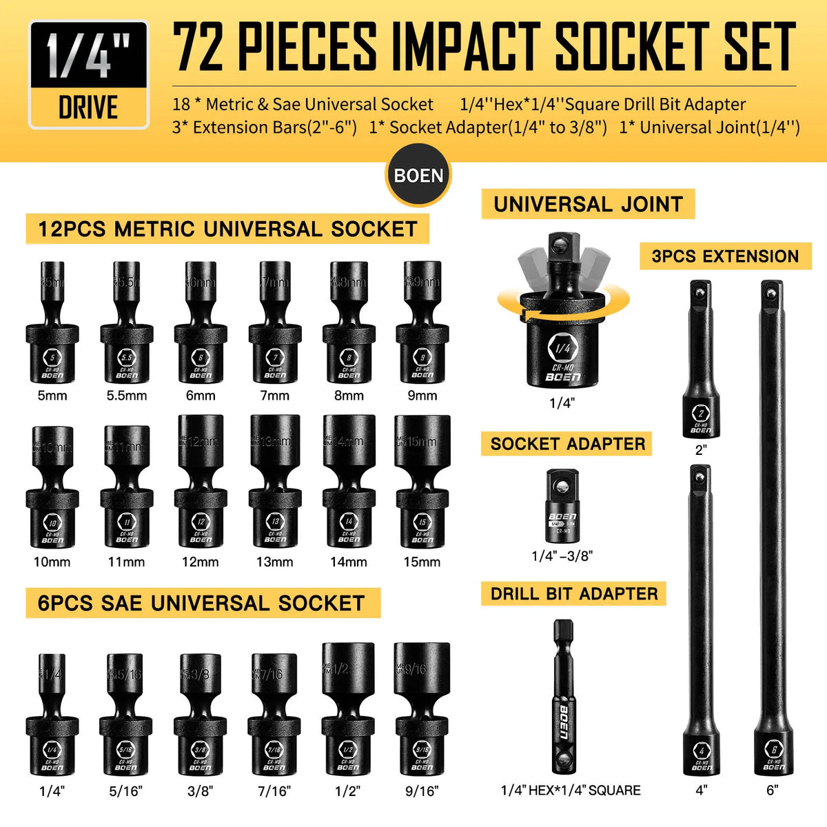 BOEN 72pc 1/4" Drive Impact Socket Set, SAE 3/16"-9/16" & Metric 4-15mm, Cr-Mo, w/Deep, Shallow, Swivel, Ext, Adapters & Univers