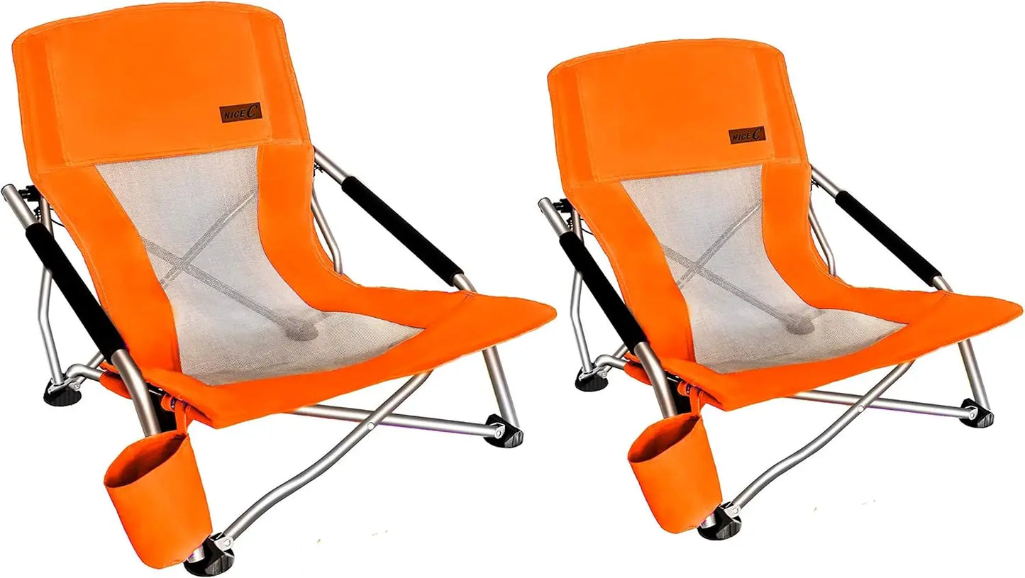 Low Beach Camping Folding Chair, Compact Backpacking River Sand Chair for Adults 2 Pack,Sillas De Playa, with Cup Holder,for Con