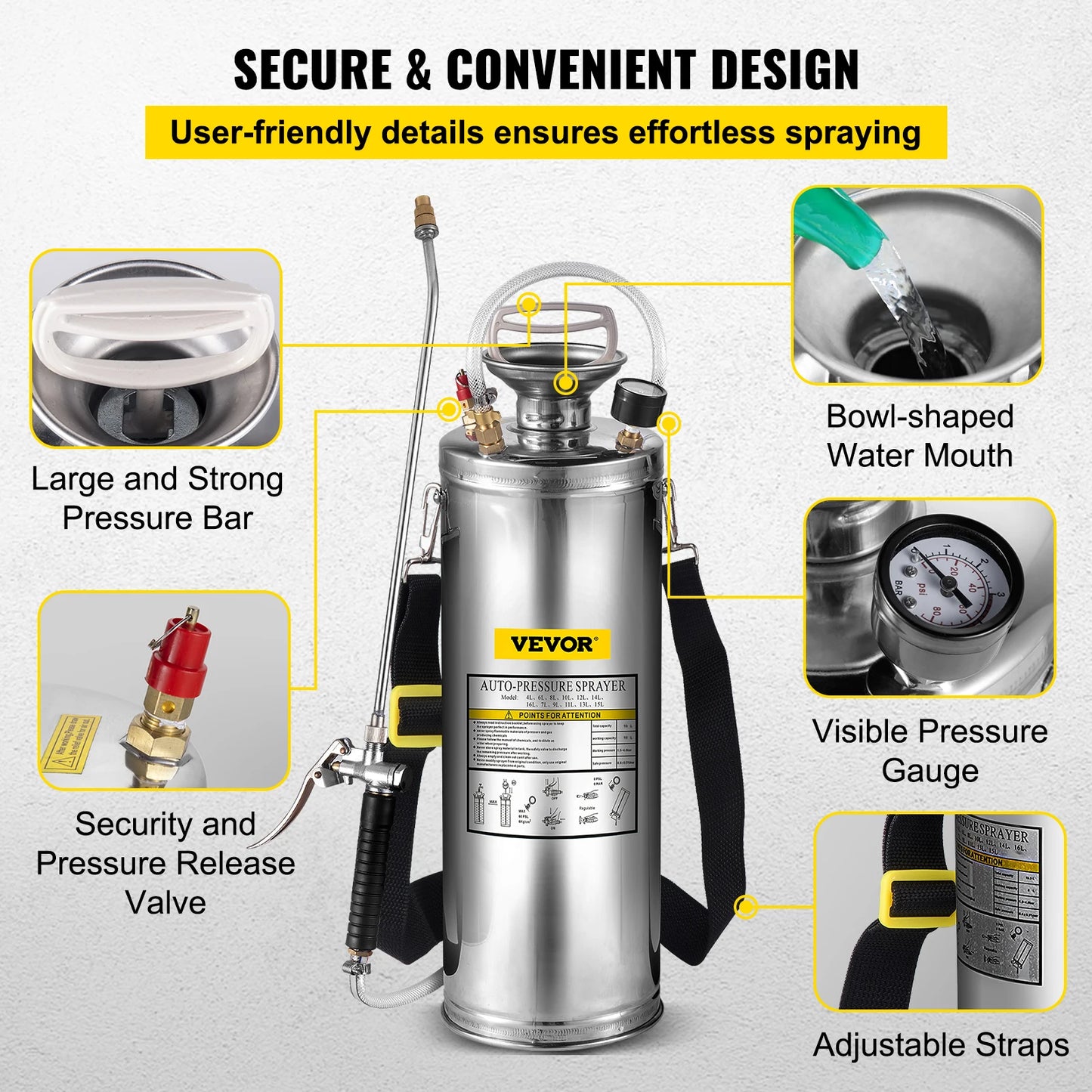 VEVOR 4-12L Hand Powered Sprayer Stainless Steel Watering Spraying Sprinkling Atomizer Pump Home Ground Garden Cleaning Sprayer