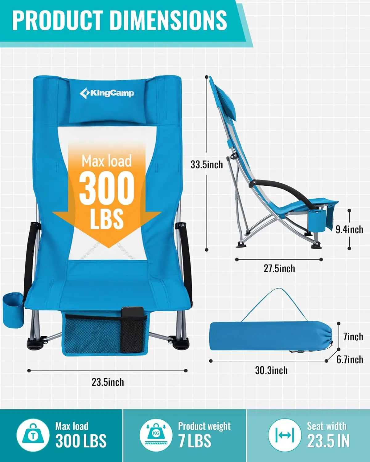 Low Beach Chair, High Back Folding Camping Chair for Adults, Oversized Breathable Mesh Seat, 300lbs Heavy Duty Portable Chair wi